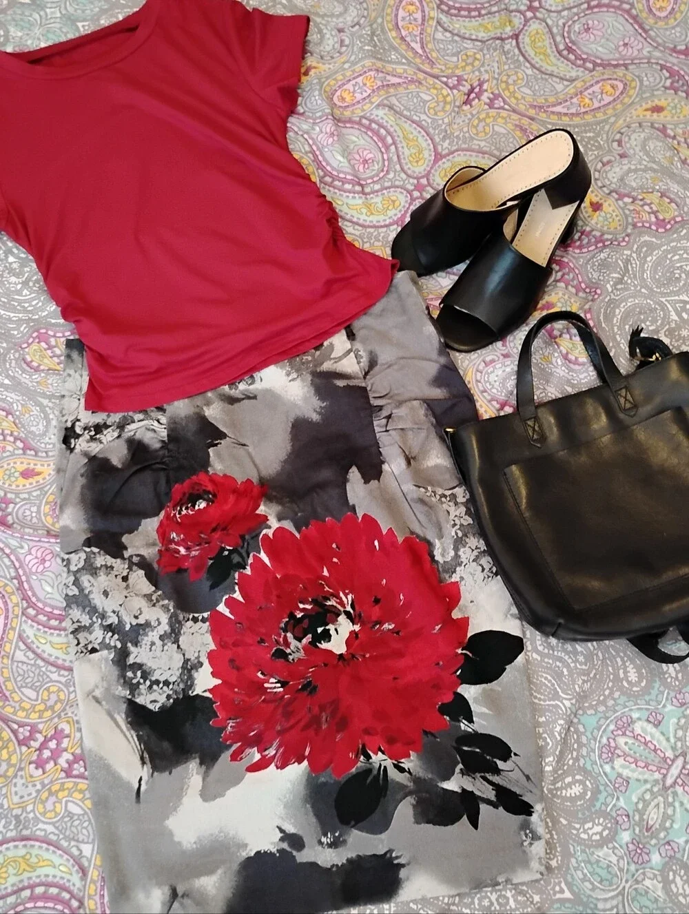 Floral Pencil Skirt with Red Bloom - Women's Skirt From Bisou Bisou And Top